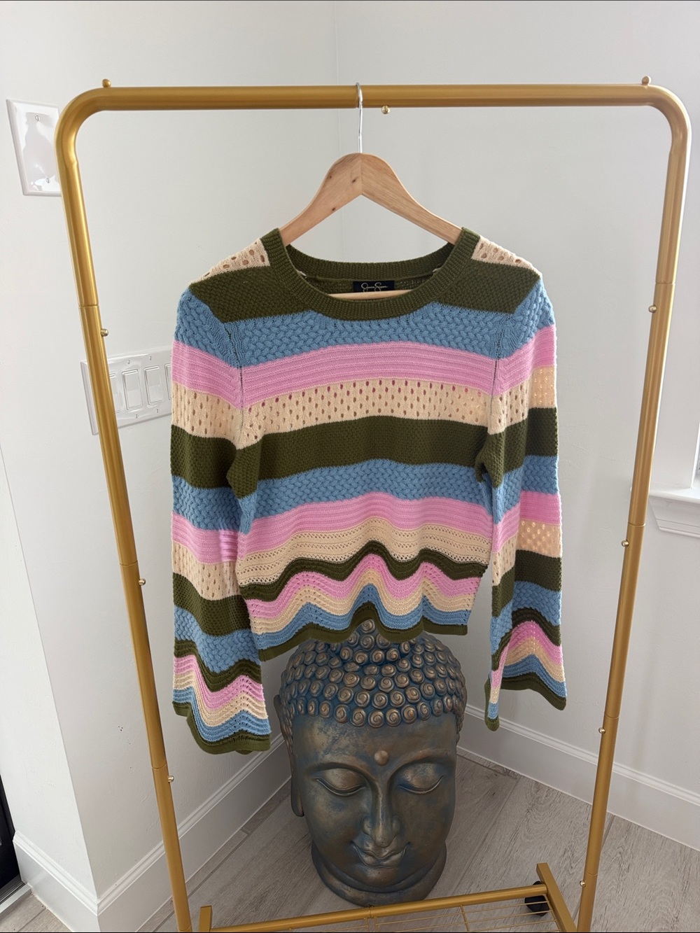 Jessica Simpson Striped Pointelle Crewneck Sweater in Olive, Blue, Pink & Cream